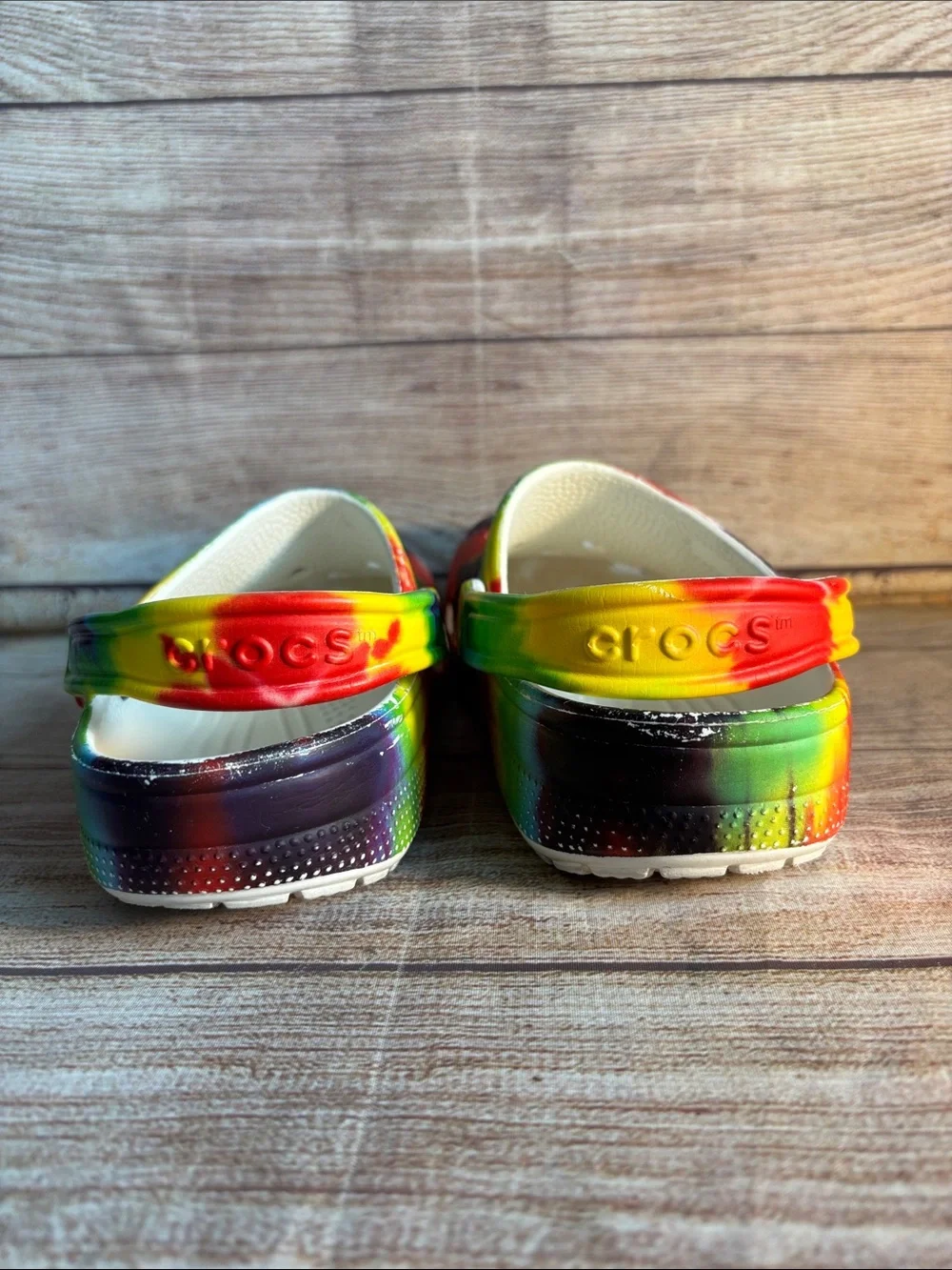 CROCS Kids Rainbow Tie-Dye Clogs with White Strap
